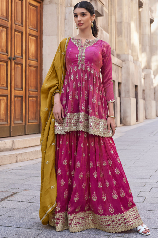 Pink Color Embroidery Worked Pakisatni Indian Salwar Kameez Sharara Dupatta Dresses