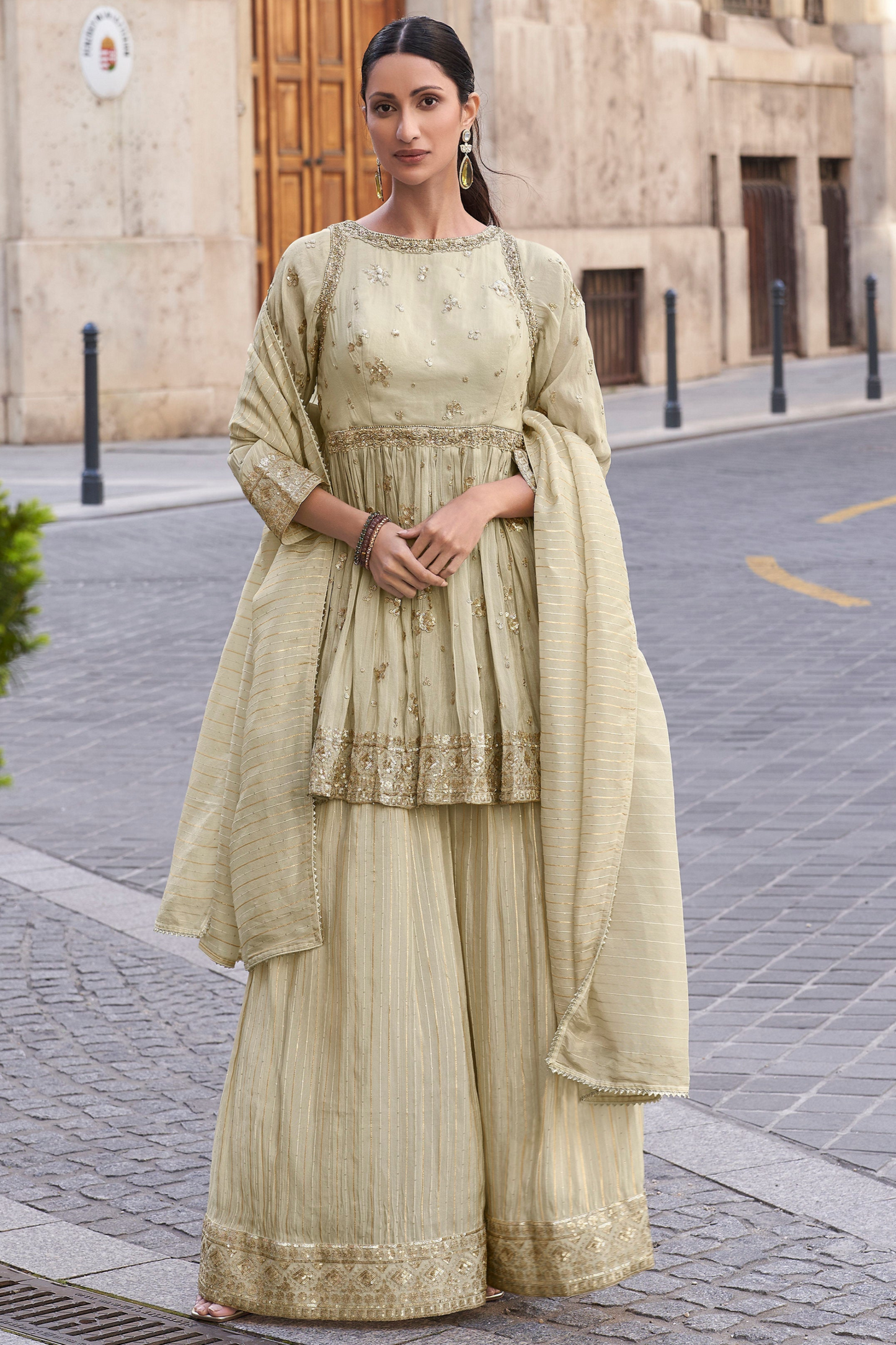 Designer Stylish Stitched Rokah Nikah Wear Salwar Kameez Sharara Dupatta Dresses