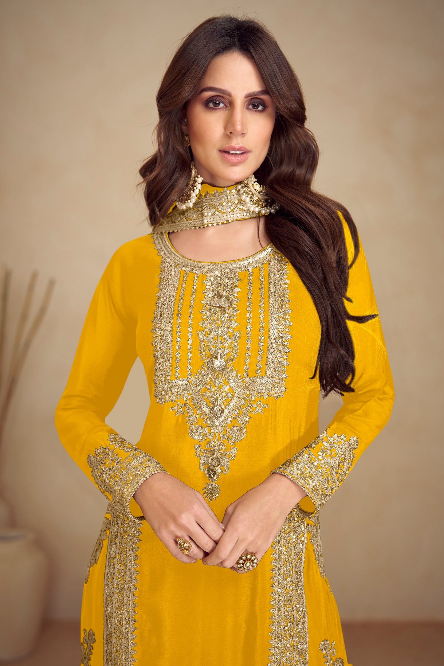 Eid Ramadan Special Yellow Color with Embroidery Worked Salwar Kameez Pant Suits