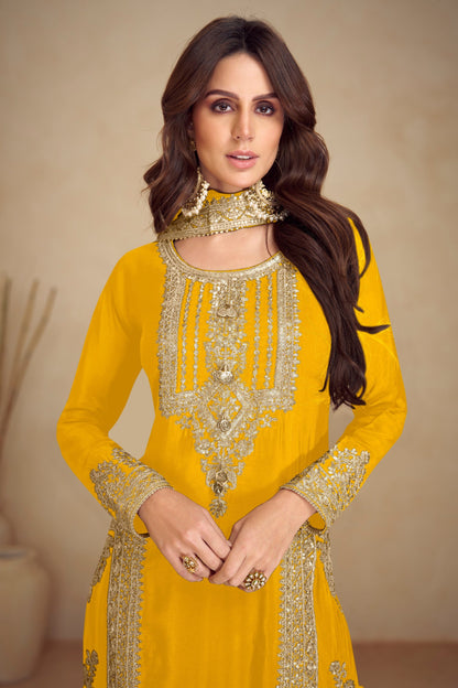 Eid Ramadan Special Yellow Color with Embroidery Worked Salwar Kameez Pant Suits