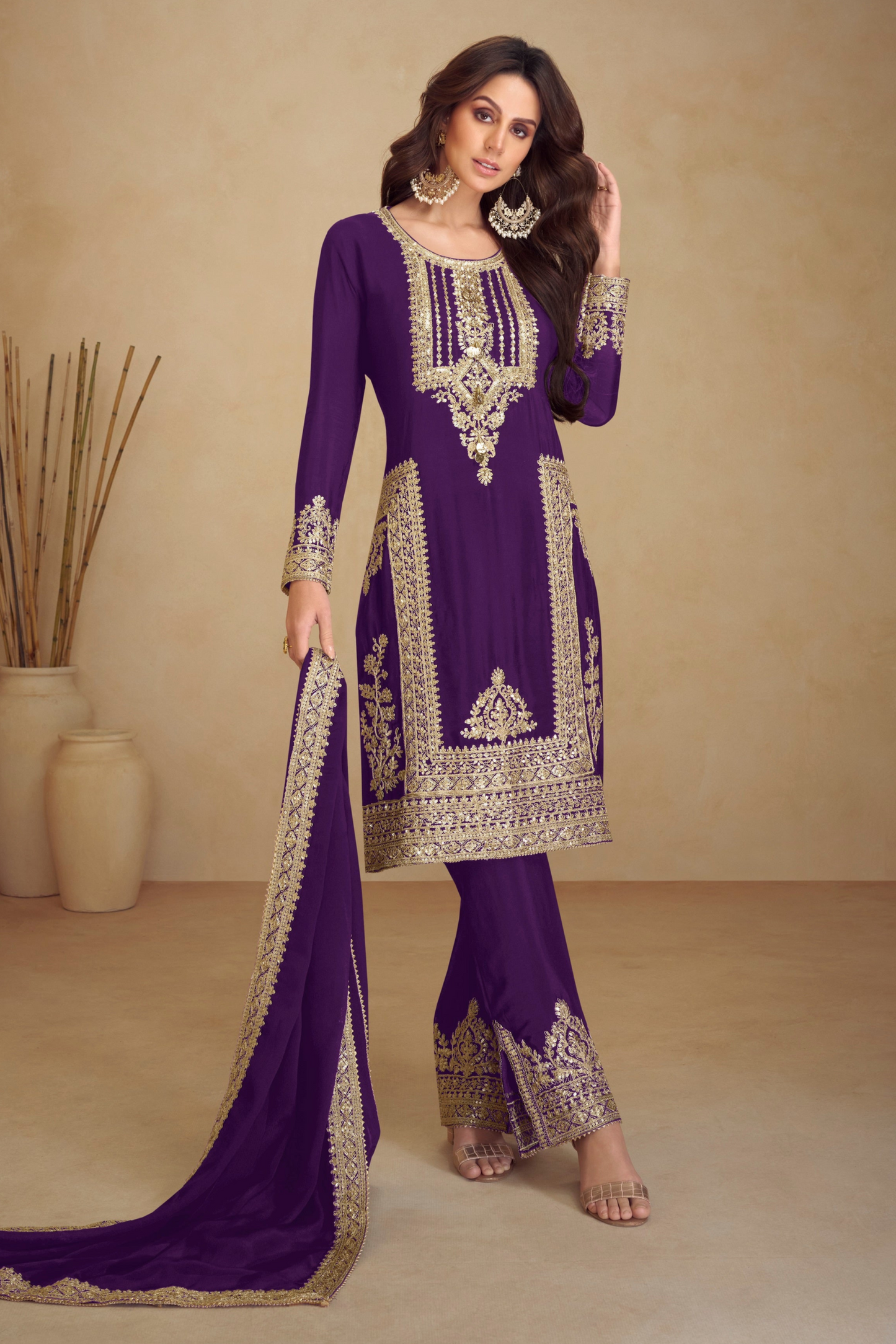 Full Embroidery Worked Salwar Kameez Pant Suits with Real Chinon Fabric Dupatta Dresses