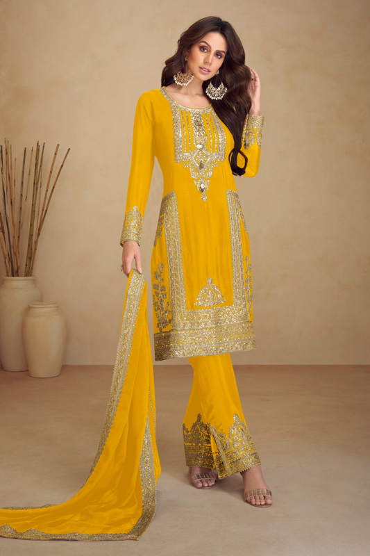 Eid Ramadan Special Yellow Color with Embroidery Worked Salwar Kameez Pant Suits