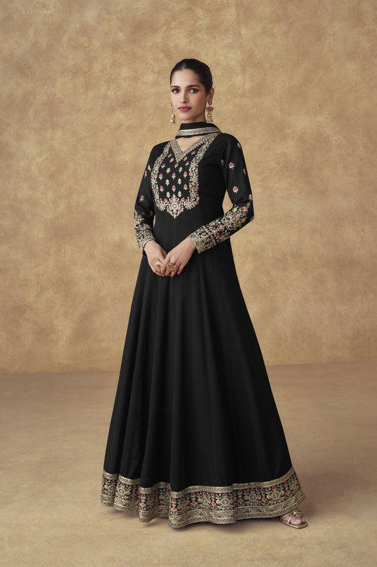 Black Color Embroidery Work Stitched Anarkali Gown For Special Wedding Bollywood Party Wear Dress