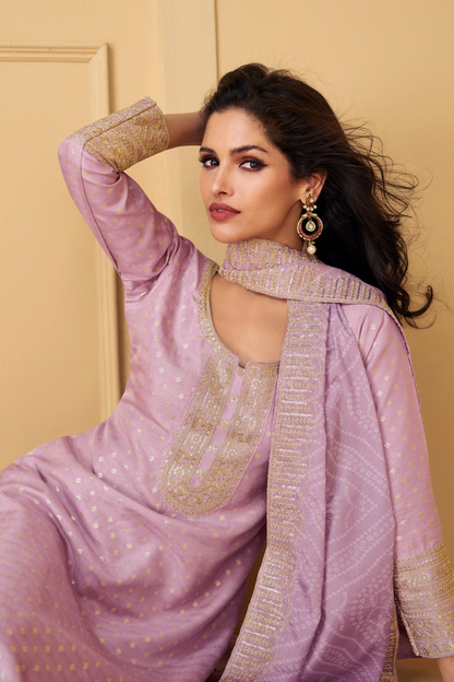 Elegant Pinkish-Beige Color Pure Viscose Jacquard Silk Kameez with Digital Embroidered Dupatta