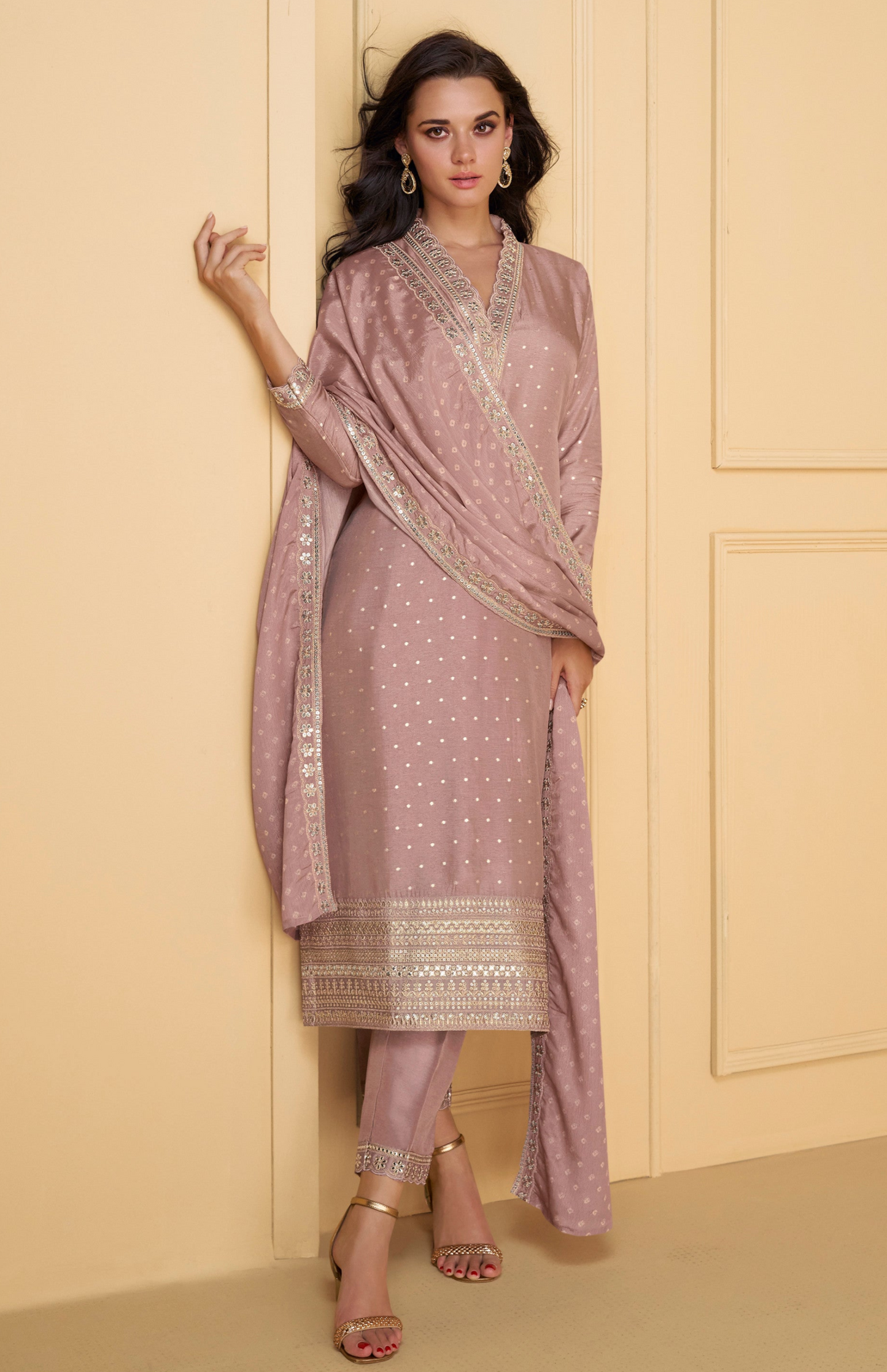 Embroidery Worked Indian Designer Salwar Kameez Suits Lavender Color Designer Dresses