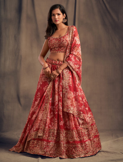 New Red Color Embroidery Work Lehenga With Dupatta For Wedding