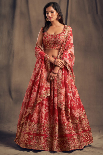 New Red Color Embroidery Work Lehenga With Dupatta For Wedding
