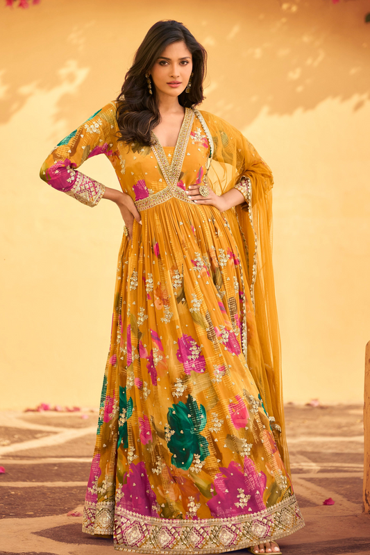 Trendy Yellow Color Anarkali Gown Suit With Premium Chinon Dupatta For Religious Ceremonies