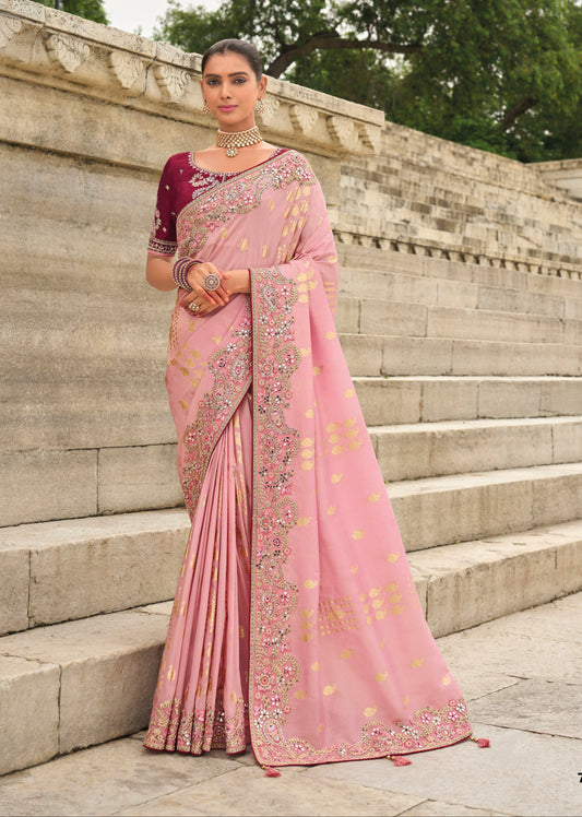 Stunning pink Gadwal silk saree with magenta blous for Sangeet night