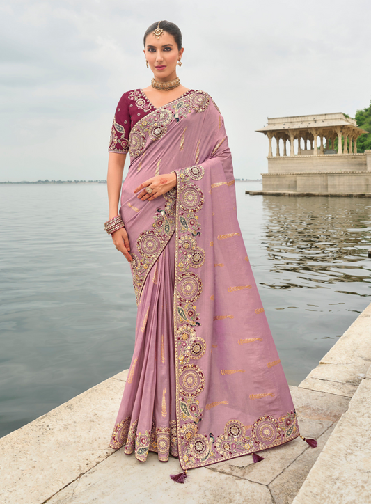Lavender Gadwal silk saree with magenta blouse and embroidery.
