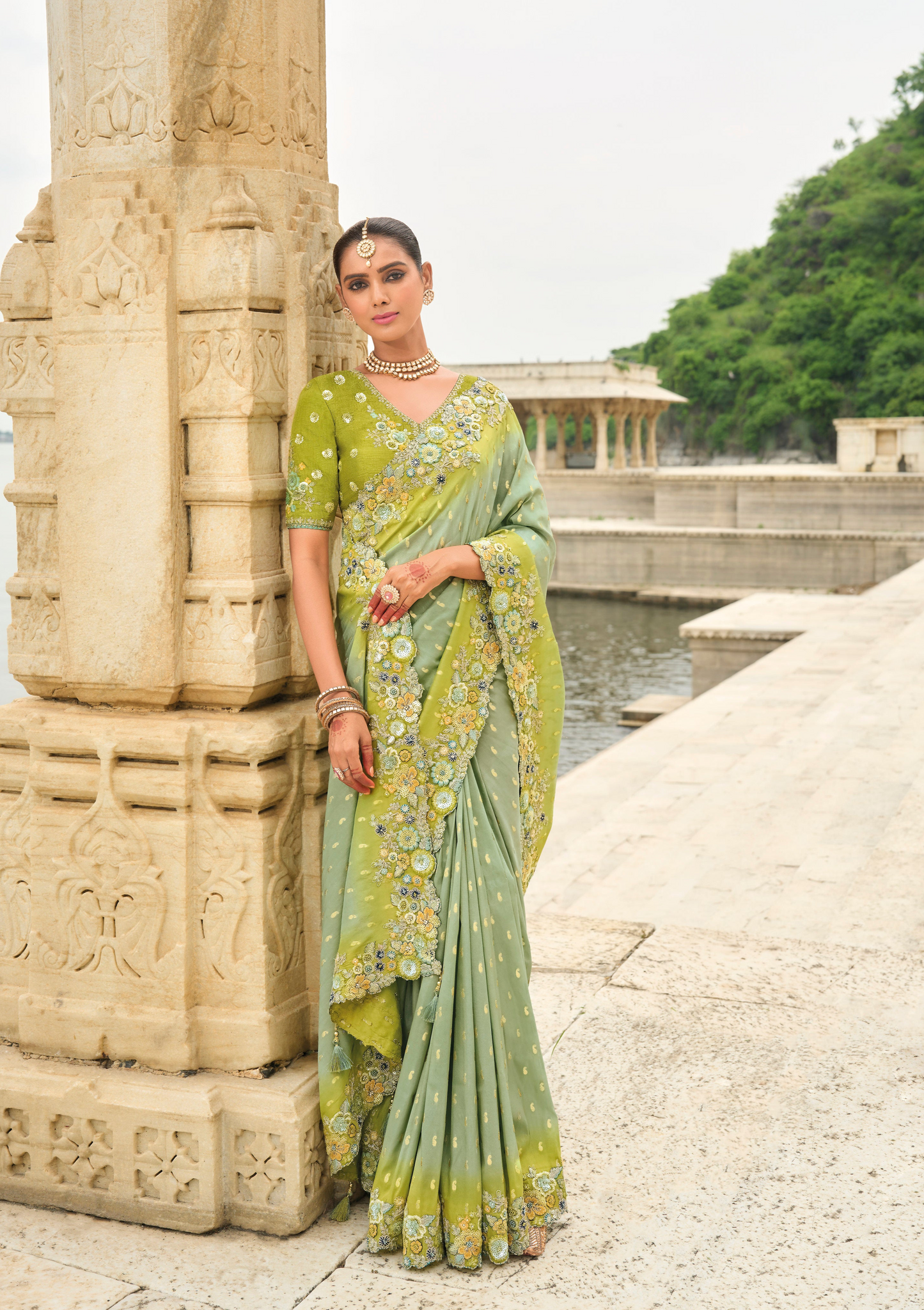 Pista Green Gadwal Silk Saree with Magenta Blouse for Reception