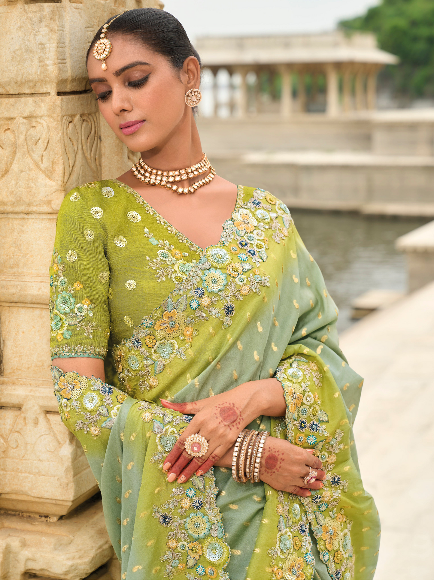 Pista Green Gadwal Silk Saree with Magenta Blouse for Reception