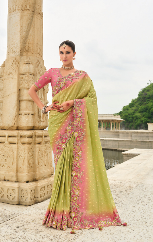 Green Gadwal Silk Saree with Magenta Blouse for Dandiya Night