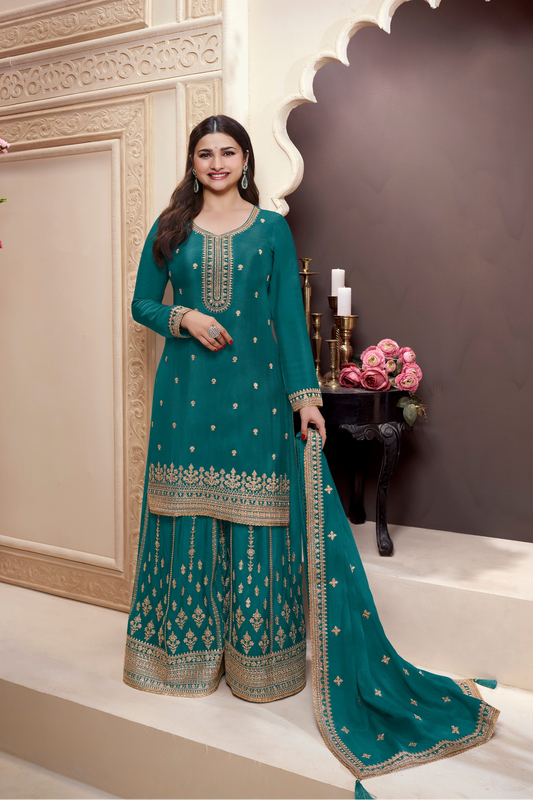 Beautiful Embroidered Stitched Dark Teal Salwar Kameez Palazzo Dress
