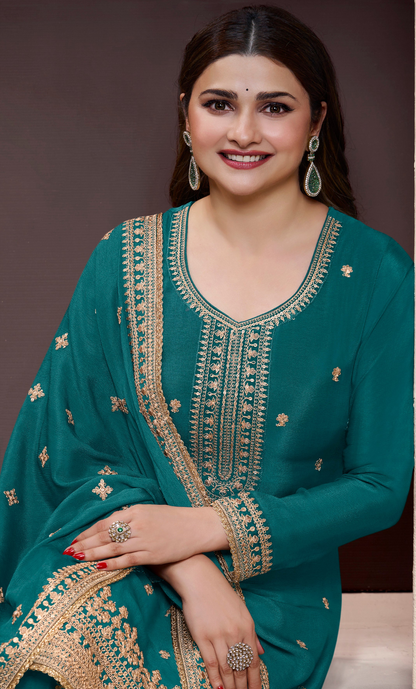 Beautiful Embroidered Stitched Dark Teal Salwar Kameez Palazzo Dress