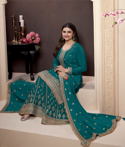 Beautiful Embroidered Stitched Dark Teal Salwar Kameez Palazzo Dress