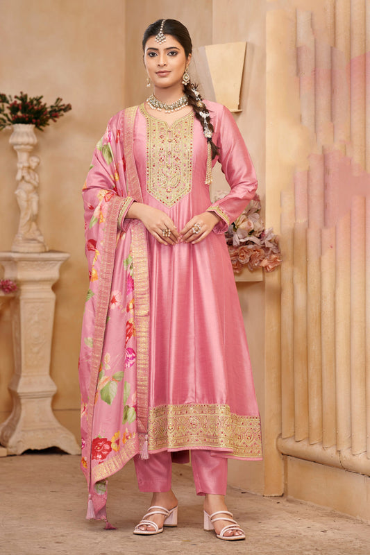 Elegant Pink Color Anarkali Gown Suit With Matching Dupatta For Special Occasions