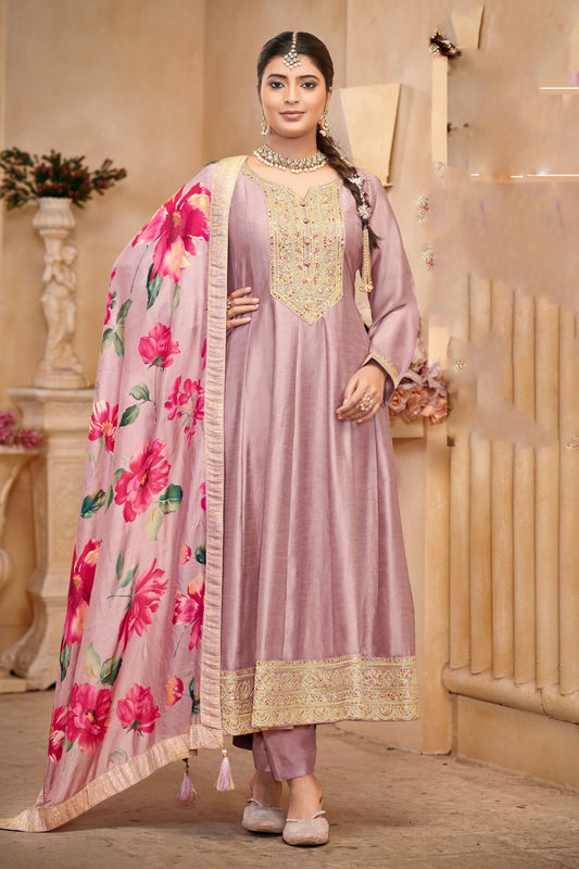 Exclusive Purple Color Anarkali Gown Suit With Embroidery Work For Religious Ceremonies