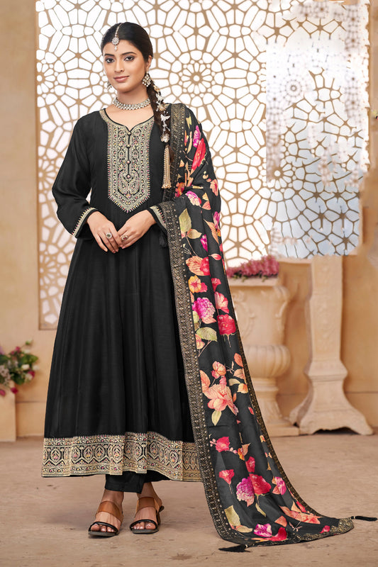 Premium Black Color Anarkali Gown Suit With Embroidery Work For Festival Like Eid And Diwali