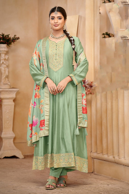 Latest Green Color Anarkali Gown Suit With Matching Dupatta For USA Weddings
