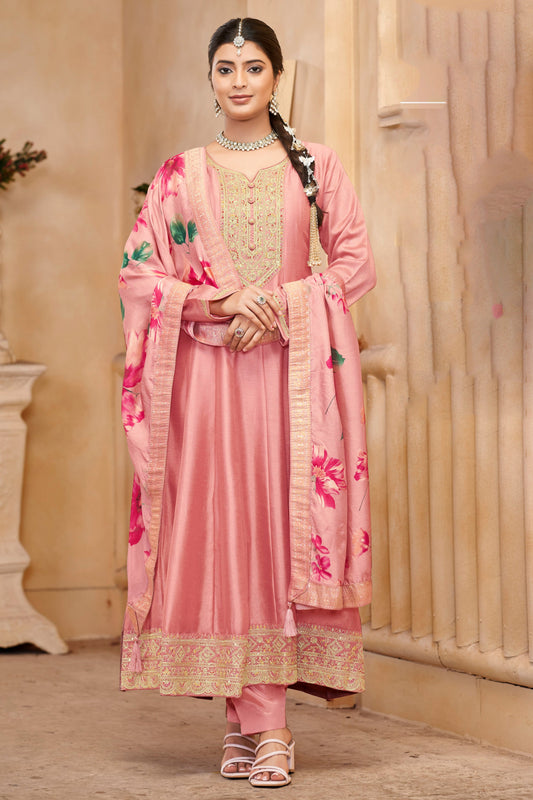 Affordable Peach Color Anarkali Gown Suit With Embroidery Work For Indian Weddings