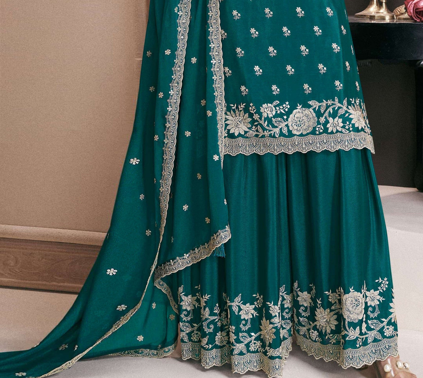 Teal Salwar Kameez Palazzo with Dupatta for Special Occasion Wear