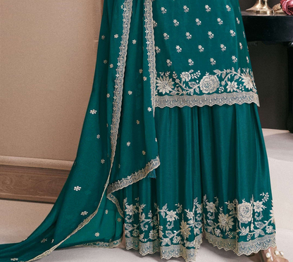Teal Salwar Kameez Palazzo with Dupatta for Special Occasion Wear