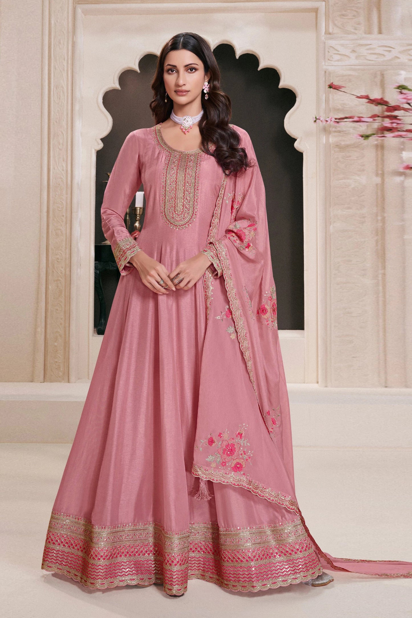 Modern Rose Pink Anarkali Gown with Dupatta for Eid & Diwali