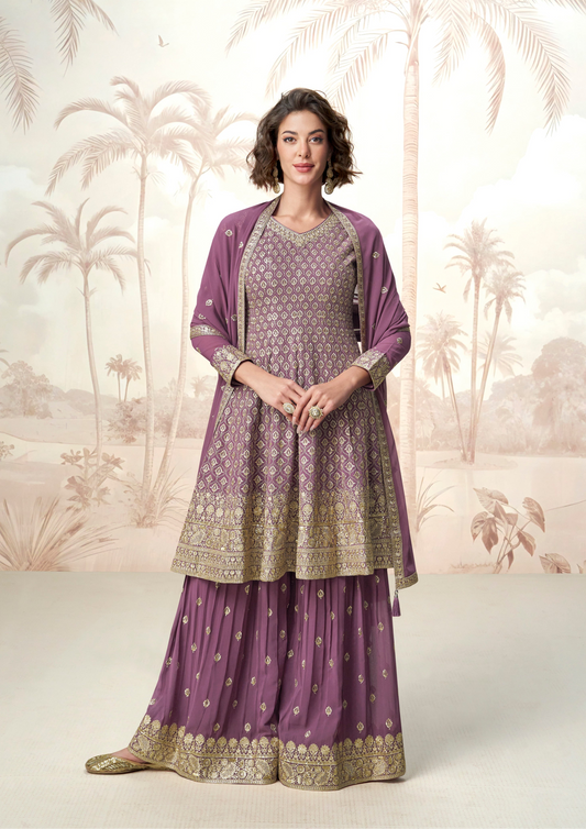 Seyuri Lavender Salwar Kameez Palazzo with Embroidery for Ceremonies