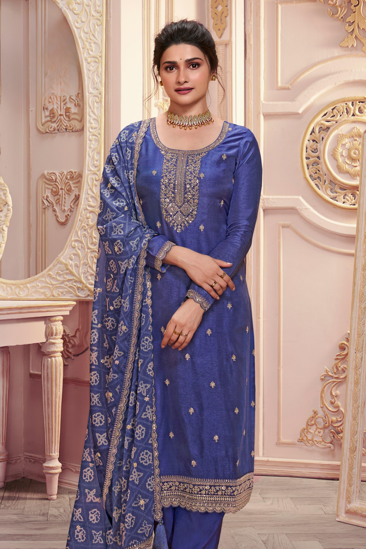 Women's Wear Blue Color Stitched Stylish Embroidery Worked Salwar Kameez Pant Dupatta Dresses