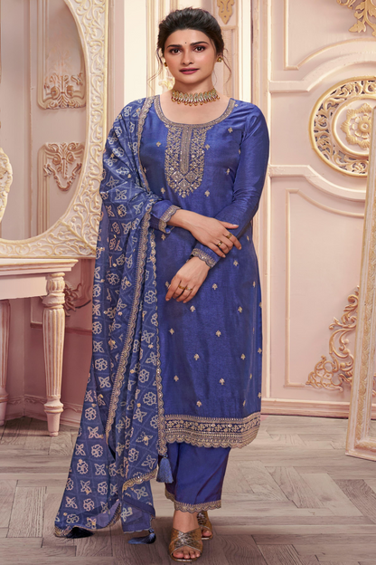 Women's Wear Blue Color Stitched Stylish Embroidery Worked Salwar Kameez Pant Dupatta Dresses