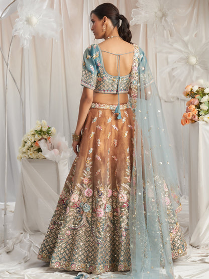 New Brown Color Silk Fabric Multi Embroidery Work Designer Lehenga With Net Dupatta
