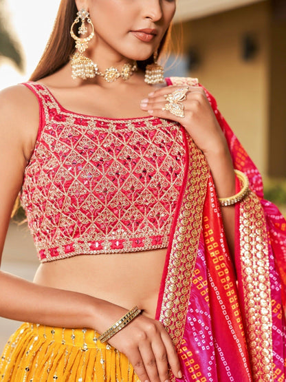 Real Georgette Yellow Color Multi Embroidery Work Ready To Wear Lehenga With Dupatta