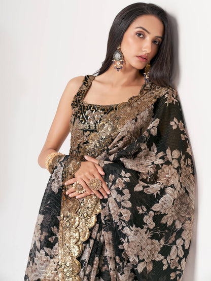 Trendy Organza Fabric Designer Digital Printed Sequins Work For Festival Wear Saree