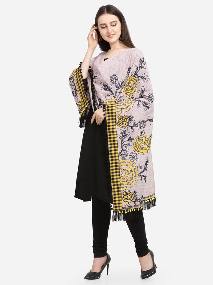 Gray Rose Print Embroidered Khadi Cotton Designer Dupatta