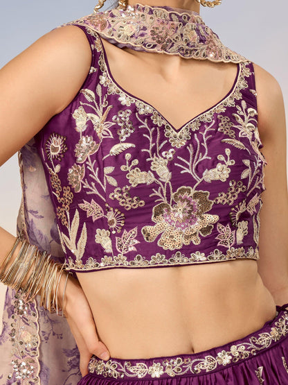 Bollywood Style Dark Purple Color Embroidery Work Best Chiffon Fabric Lehenga With Net Dupatta