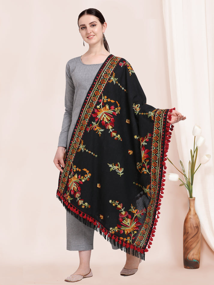 Black Khadi Dupatta with Kashmiri Motif Embroidery – Designer Style