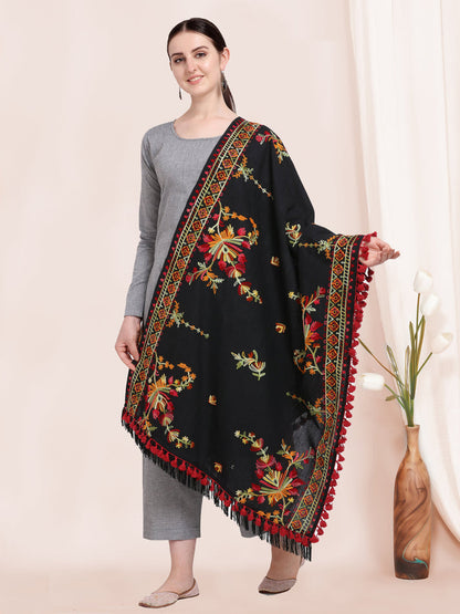Black Khadi Dupatta with Kashmiri Motif Embroidery – Designer Style