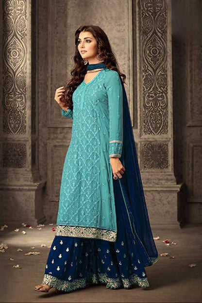 Pewter Blue Bridal Embroidered Palazzo Kameez with Nazmeen Dupatta