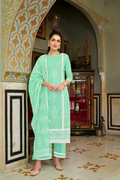 Indian Wedding Wear Green Salwar Kameez Plazzo Suit With Mal Mal Cotton Dupatta