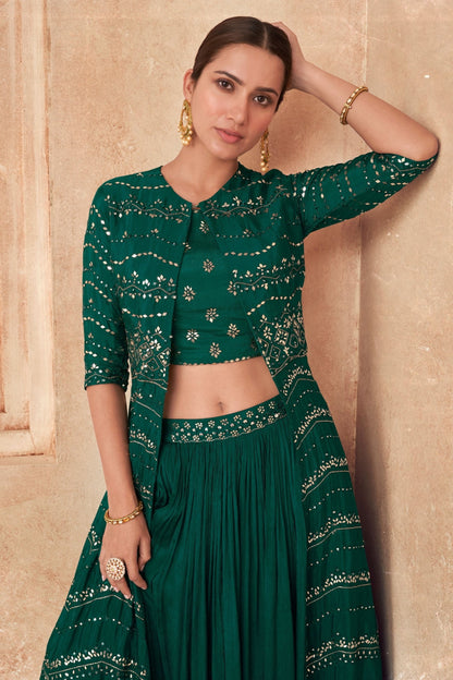 Beautiful Teal Green Color Heavy Georgette Jacket Lehenga Ready To Wear For Haldi, Mahendi, Ring Ceremony And Marriage