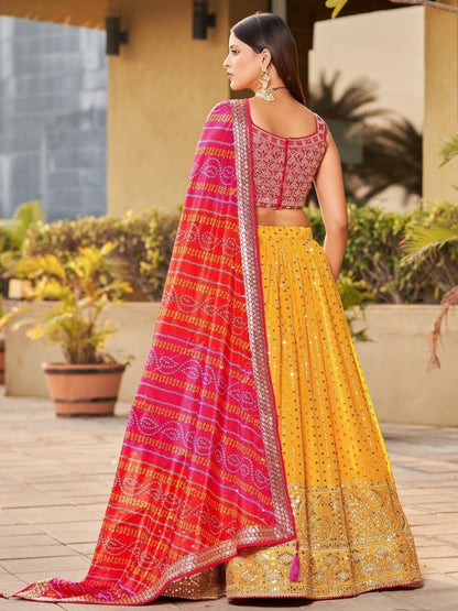 Real Georgette Yellow Color Multi Embroidery Work Ready To Wear Lehenga With Dupatta