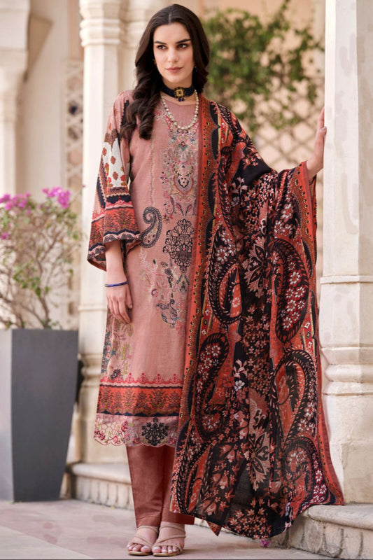 Causal Wear Peach Pakistani Kameez Pant Suit With Beautiful Printed Dupatta