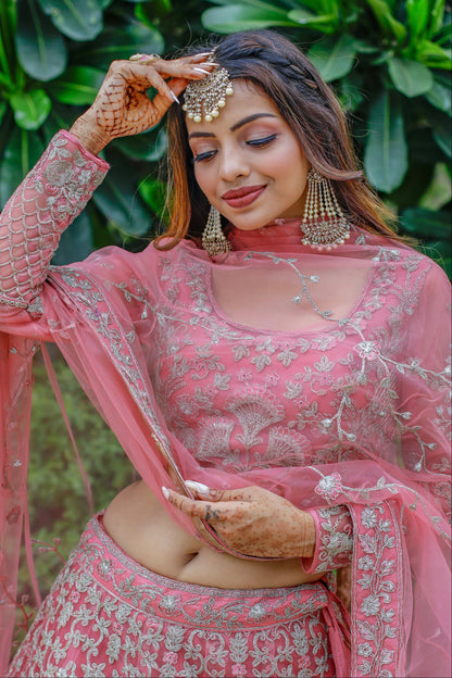New Style Rosy Brown Color Multi Embroidery Work Diwali Outfit Lehenga With Dupatta