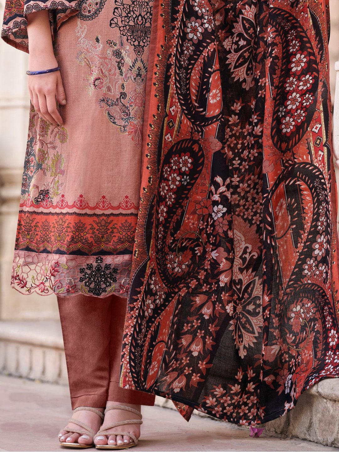 Causal Wear Peach Pakistani Kameez Pant Suit With Beautiful Printed Dupatta