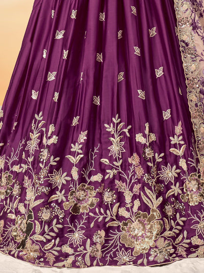 Bollywood Style Dark Purple Color Embroidery Work Best Chiffon Fabric Lehenga With Net Dupatta