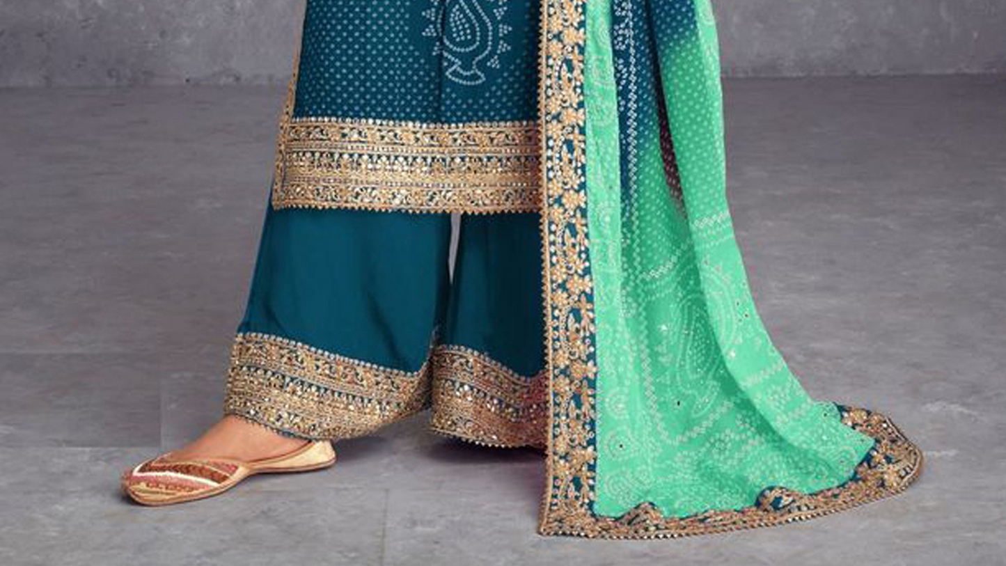 Special Teal Color Embroidery Work Reay To Wear Style Plazzo Dress