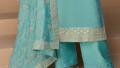Cyan Chinon silk fabric exclusive salwar kameez sets for USA customers