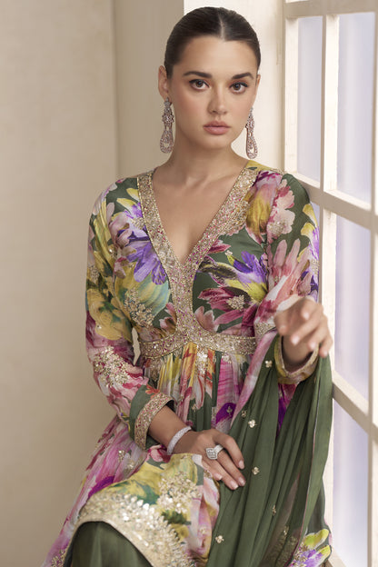 Indian Wedding-Reception Heavy Work Green Color Palazzo Suit