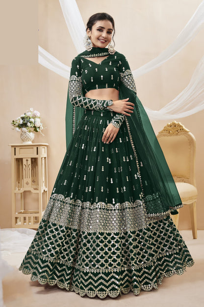 New Dark Green Color Ready To Wear Lehenga With Net Dupatta